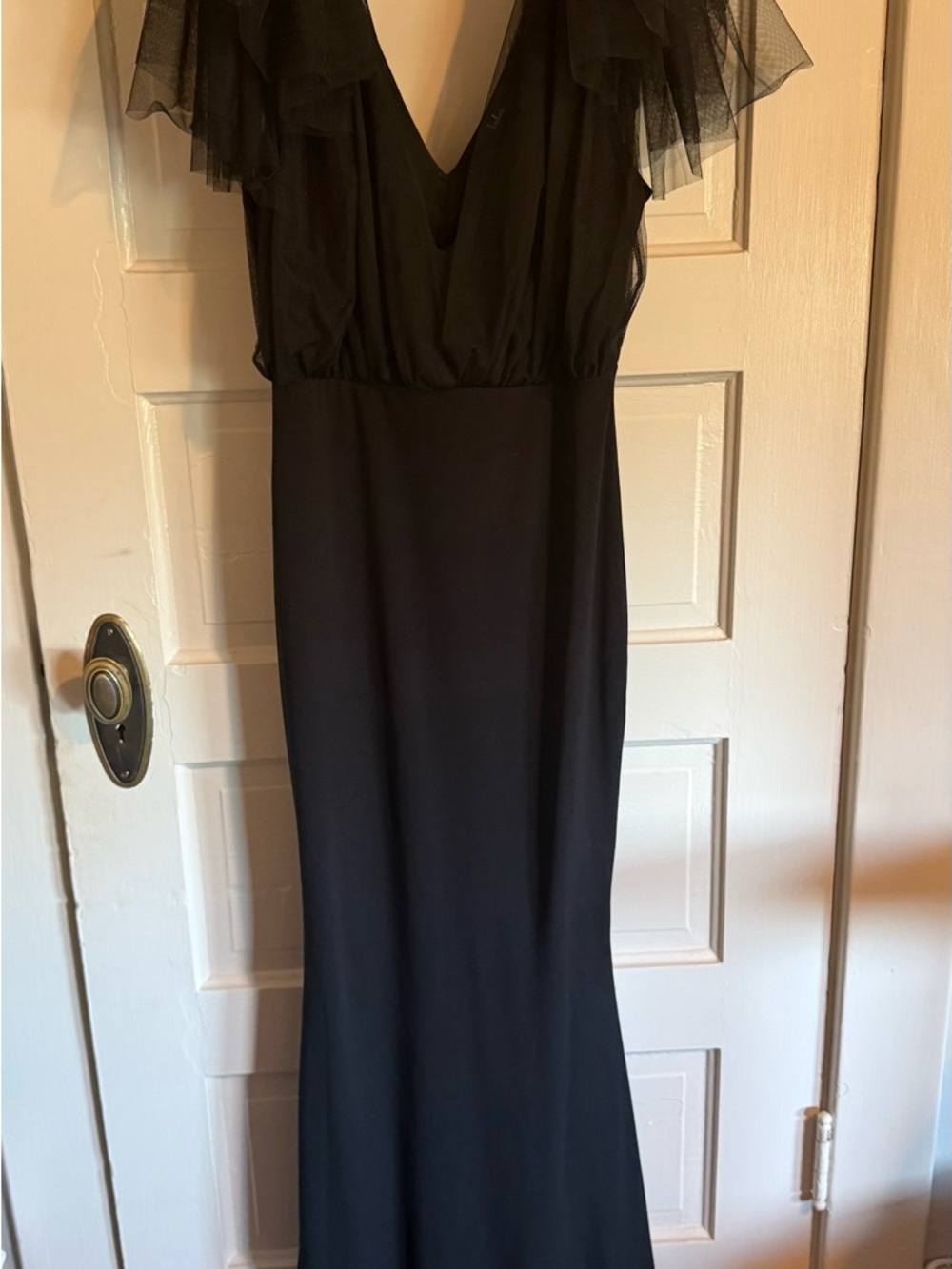 Lulu's Black V-Neck Long Dress with Sheer Ruffle Sleeves
